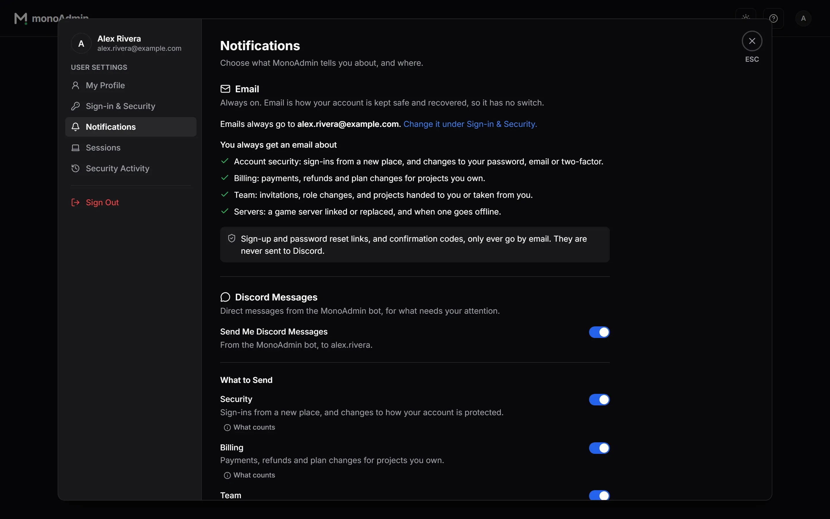 The Notifications page: the email topics that are always sent and the Discord message switches for each topic.