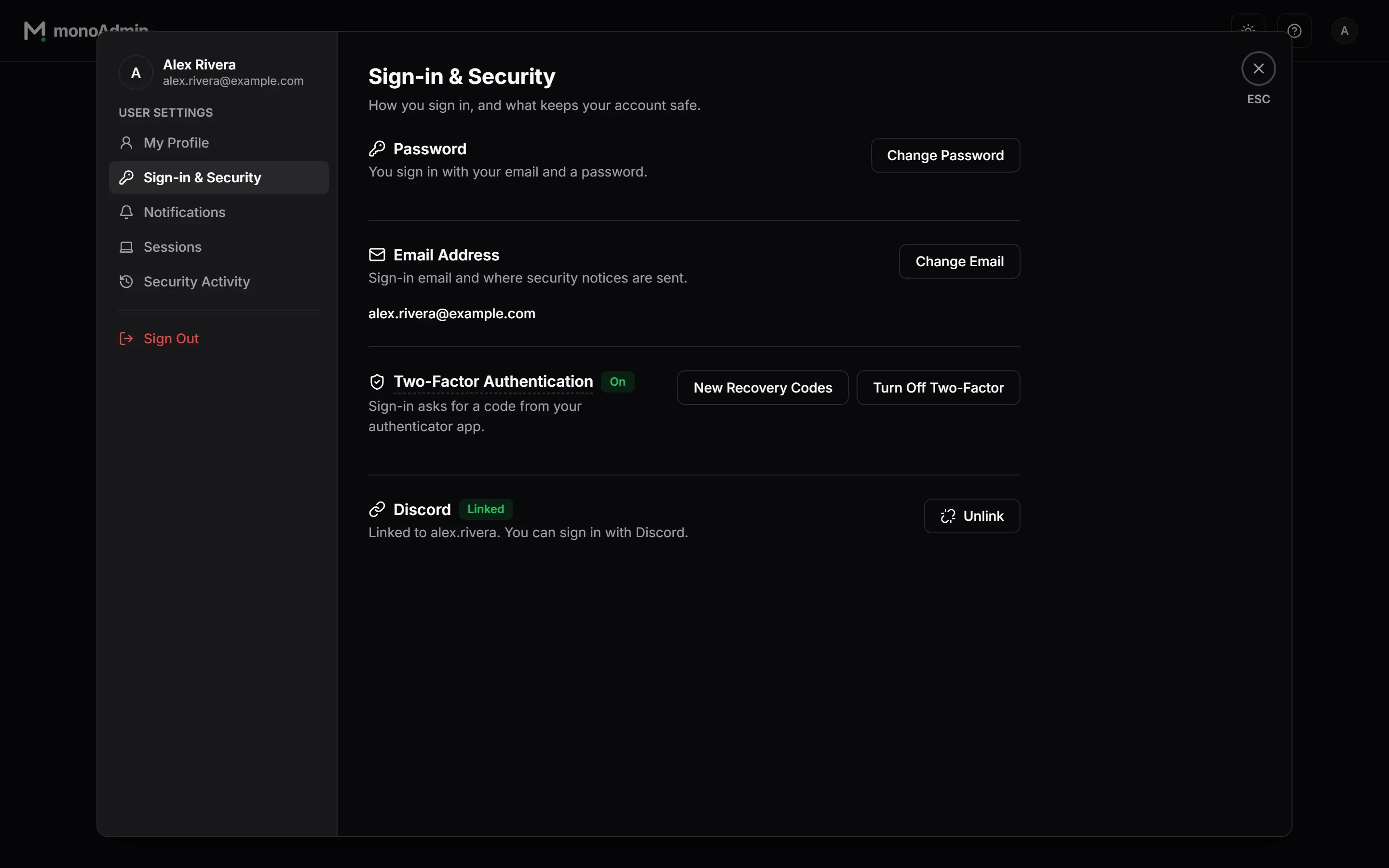 Sign-in & Security in the user settings: password, email address, two-factor authentication turned on, and a linked Discord account.