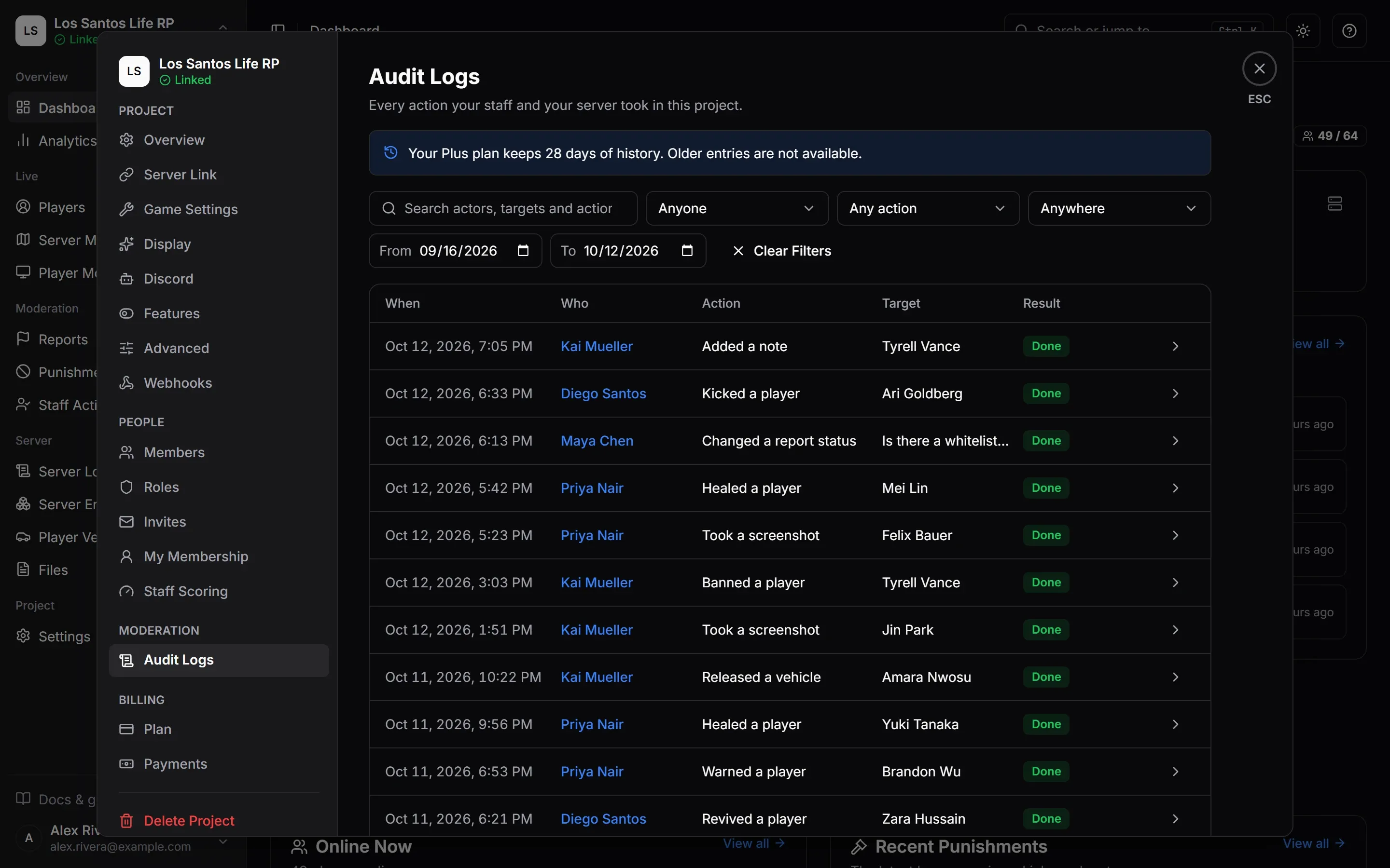 Settings > Audit Logs: staff actions with when, who, the action, its target and the result.