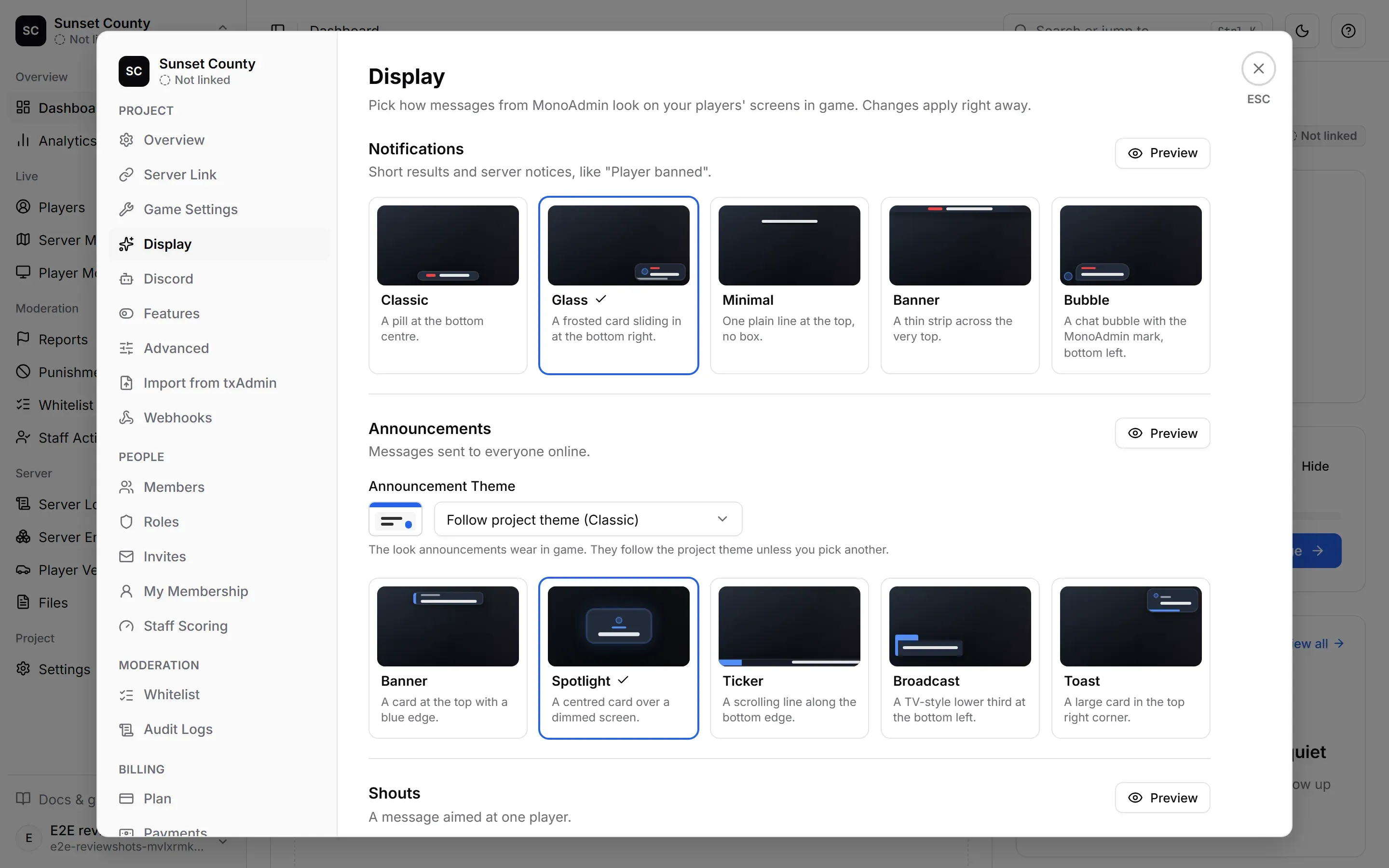 Settings > Display: the Notifications and Announcements cards, each with a Preview button, the Announcement Theme picker set to follow the project, and the style cards with Glass and Spotlight in use.
