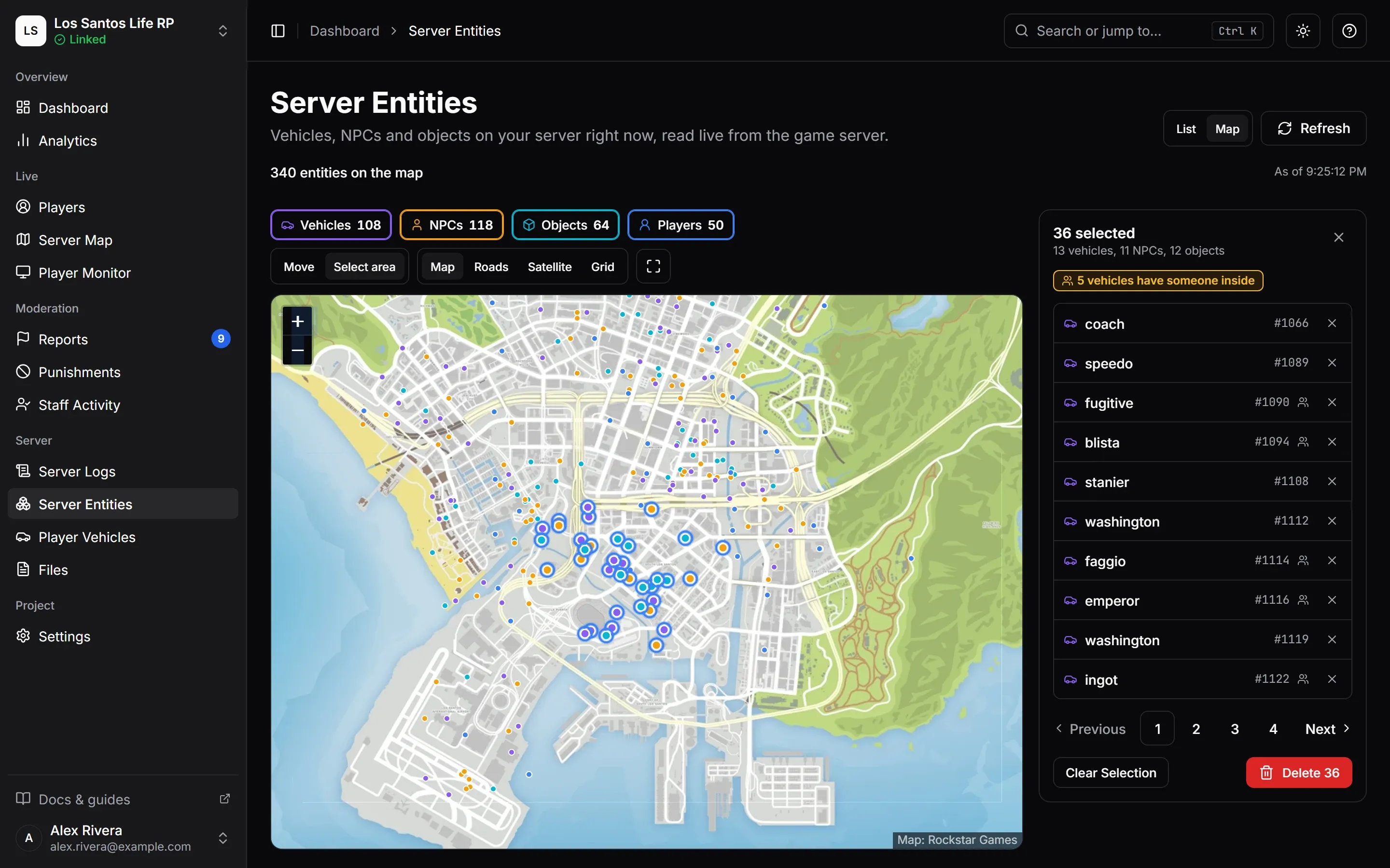 Server Entities in Map view, with an area of vehicles, NPCs and objects selected and listed beside the map, ready to delete.