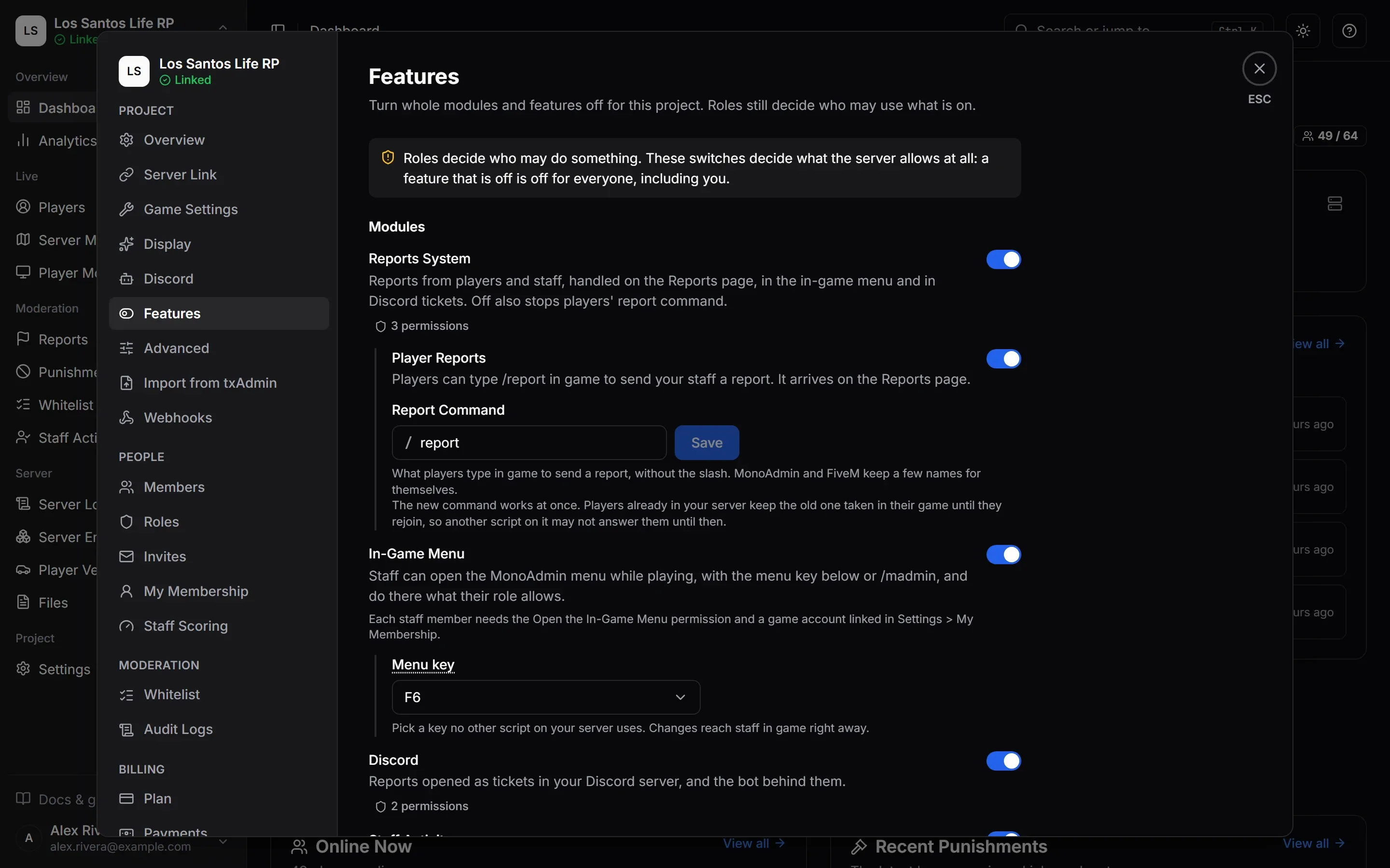 Settings > Features with the module switches, including Reports System, Player Reports with its Report Command box, the In-Game Menu with its menu key, and Discord.