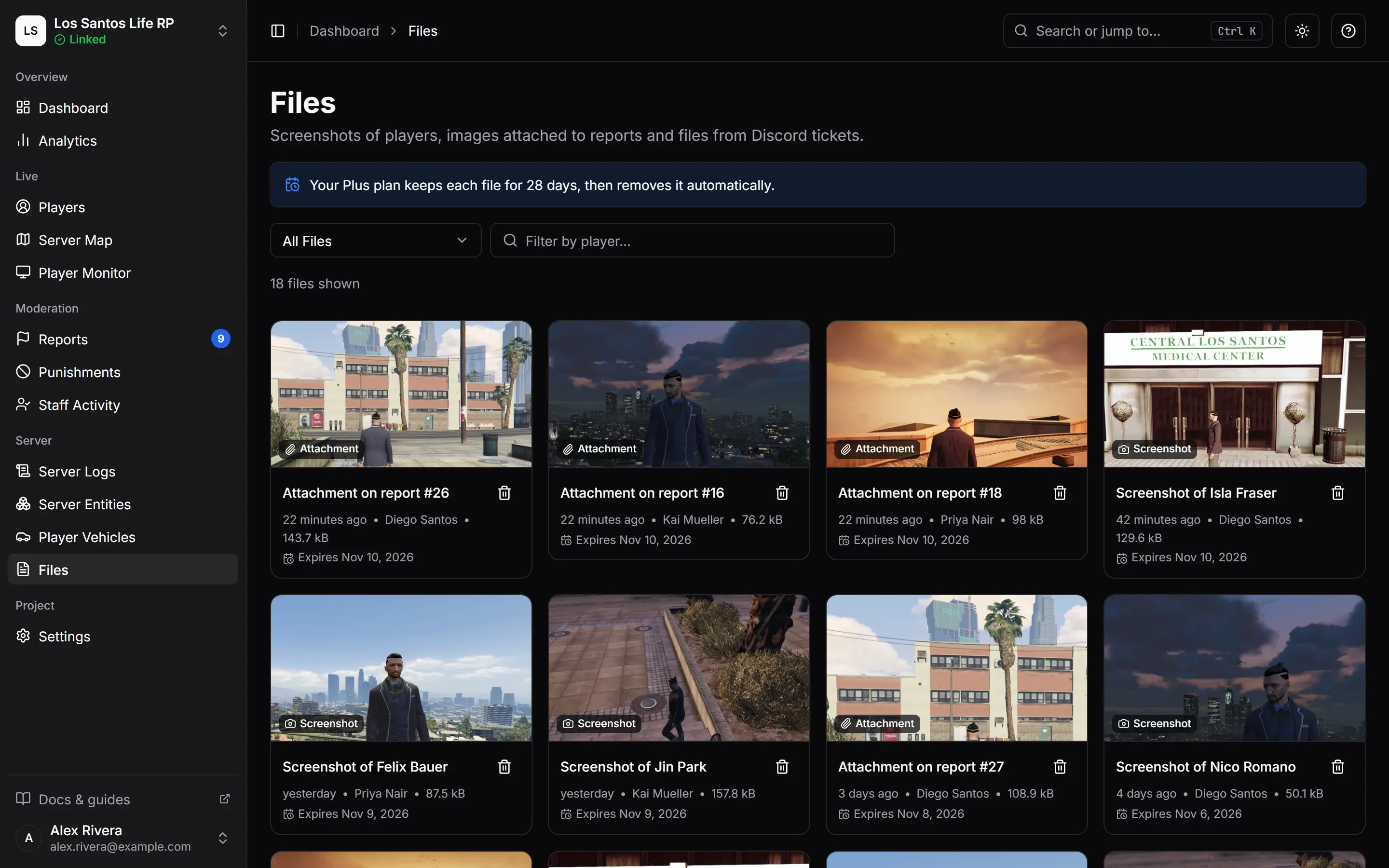 The Files page with screenshots and report attachments as tiles, each showing who took it and when it expires.