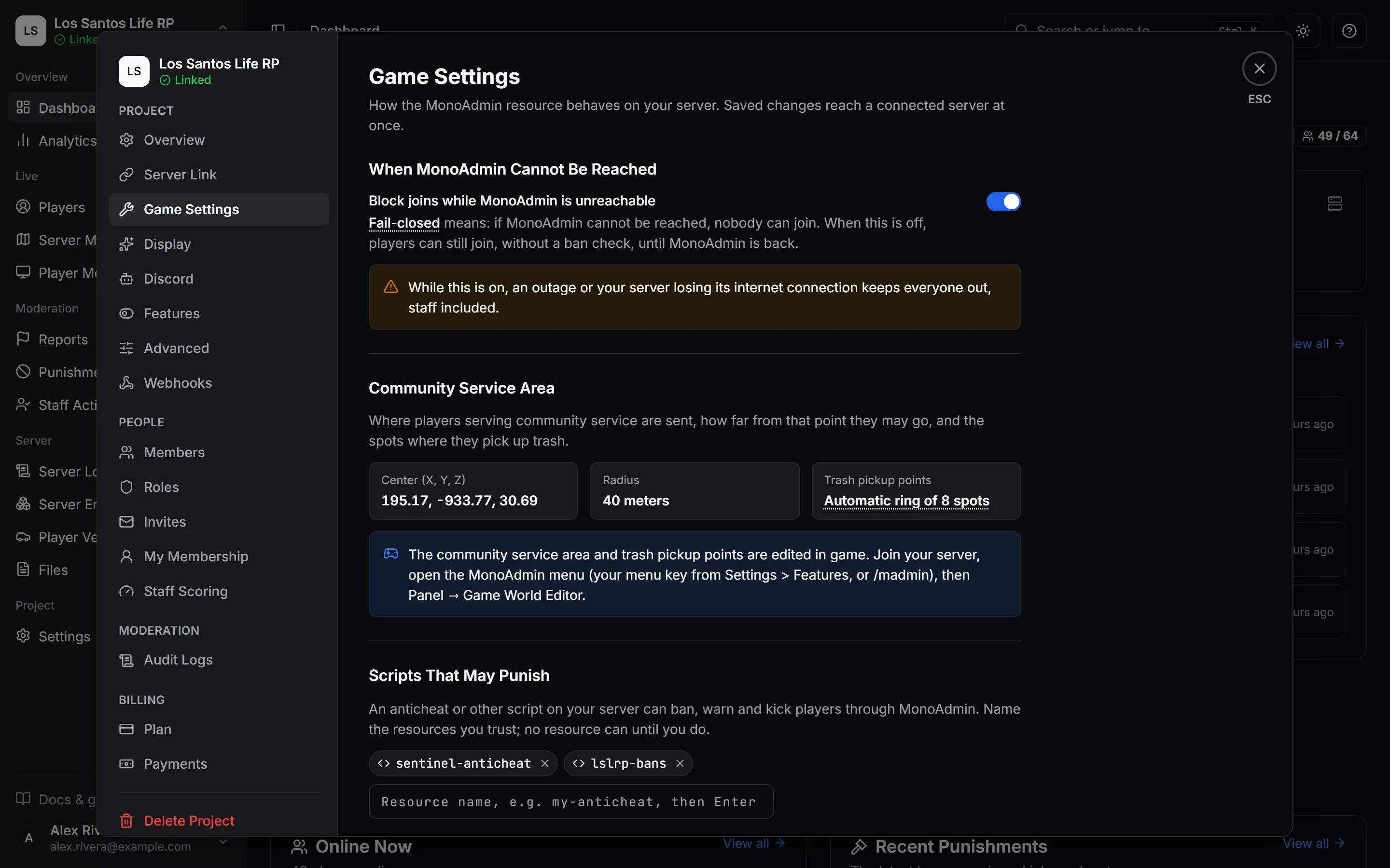 Settings > Game Settings: the fail-closed switch, the community service area, and the scripts that may punish.