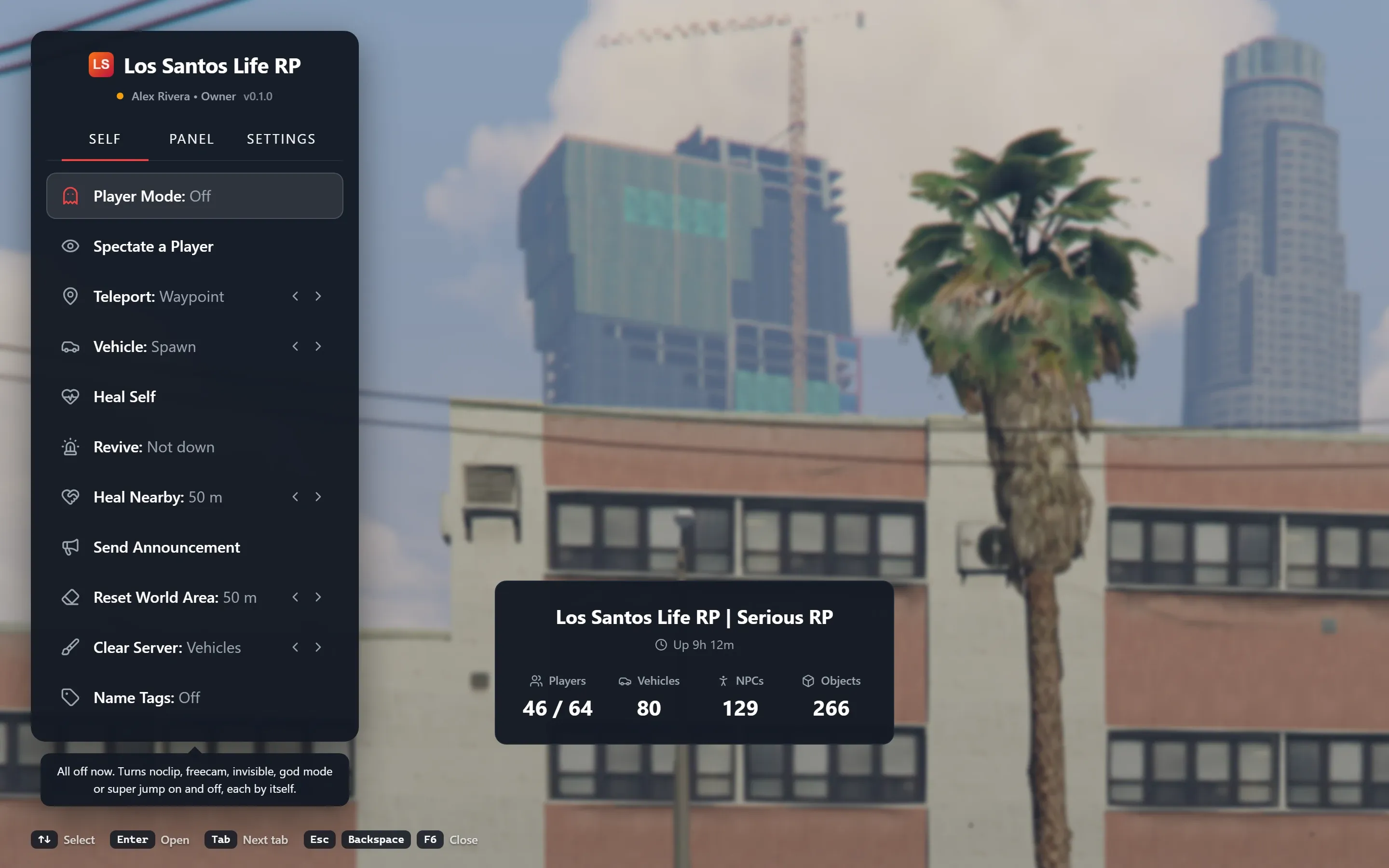 MonoAdmin's in-game menu open over the game, with the SELF, PANEL and SETTINGS tabs.