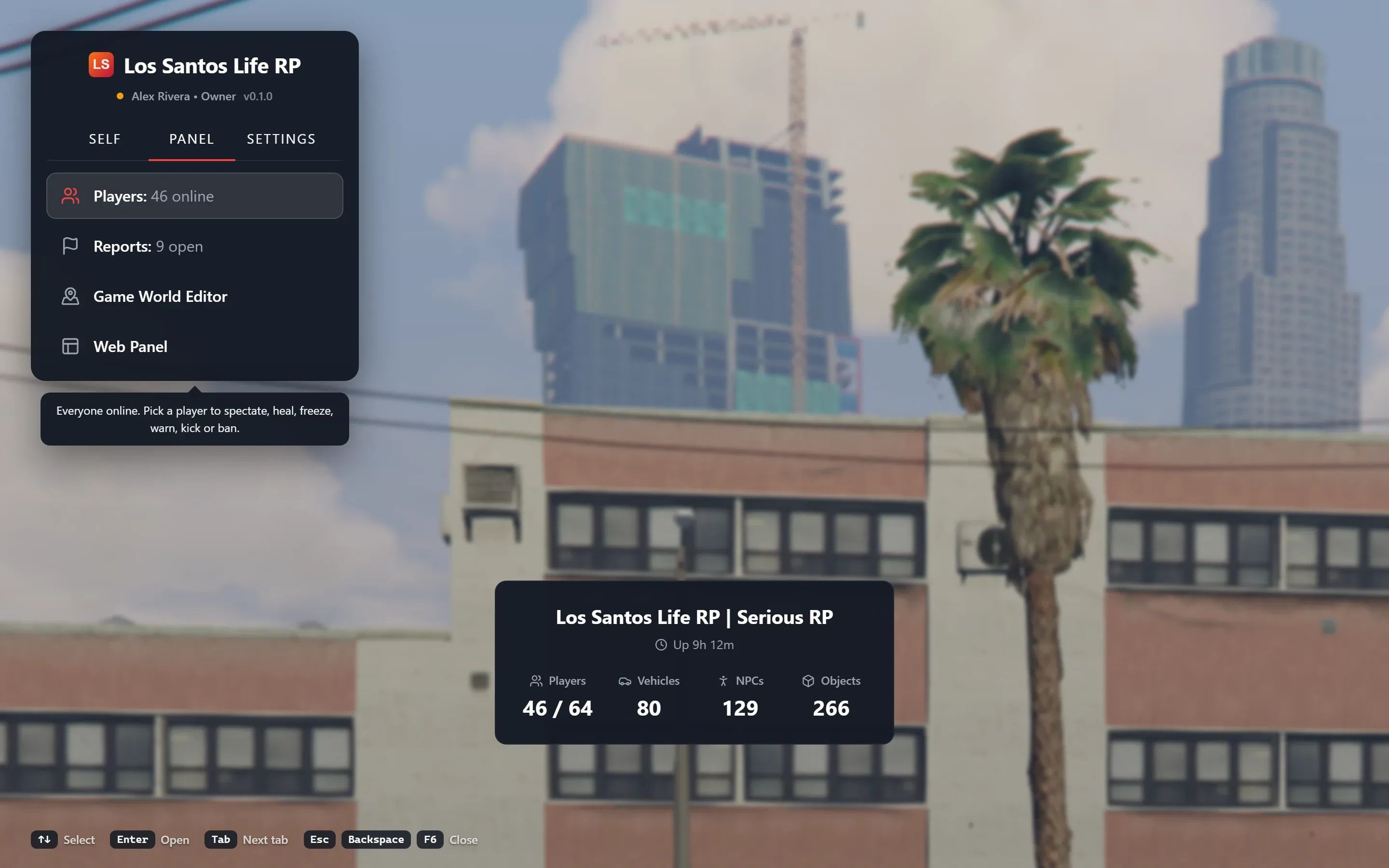 The in-game menu’s Panel tab with Players, Reports, the Game World Editor and the Web Panel, and the server summary card.