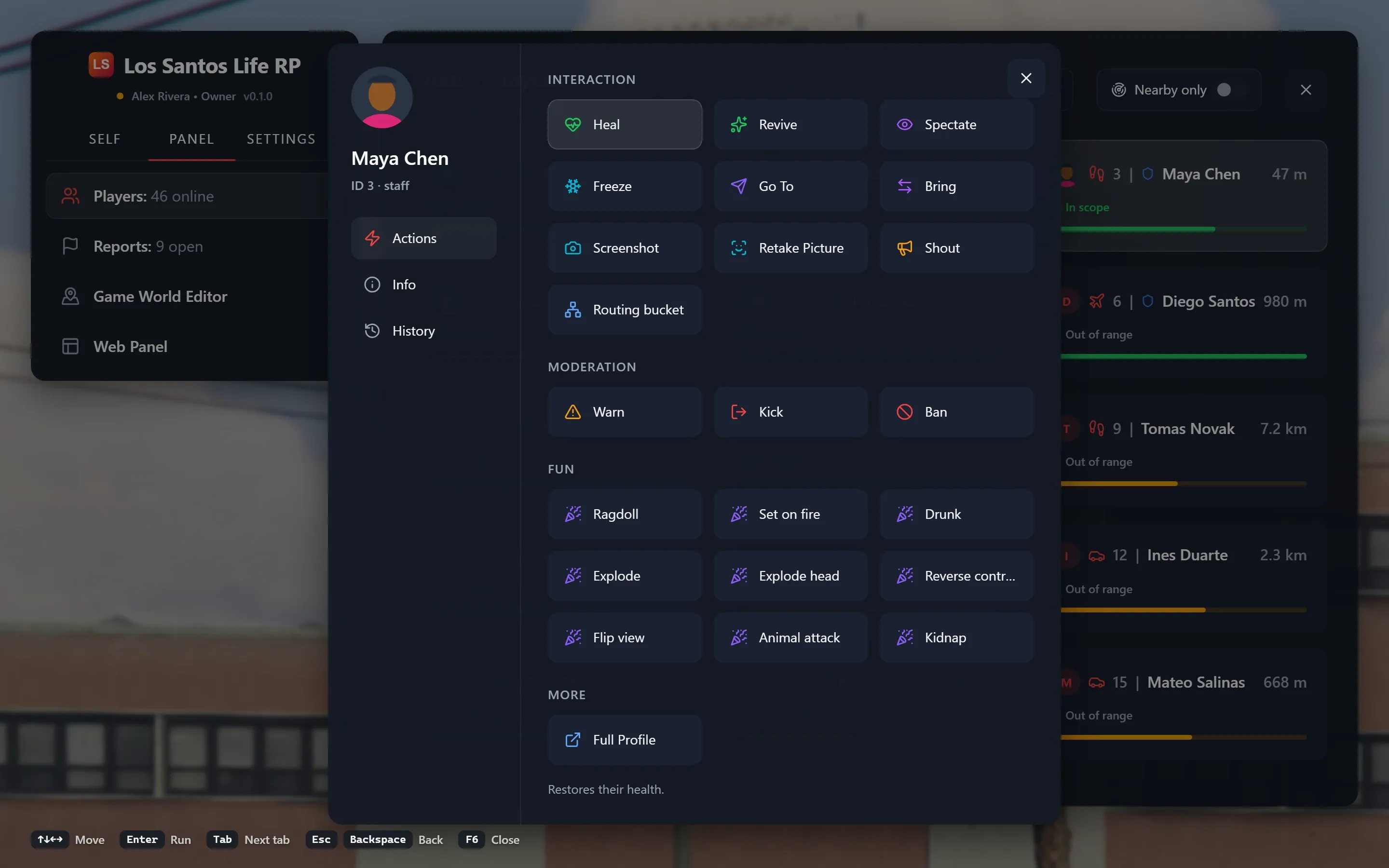 The in-game player window for one player on its Actions section: interaction, moderation and fun actions.