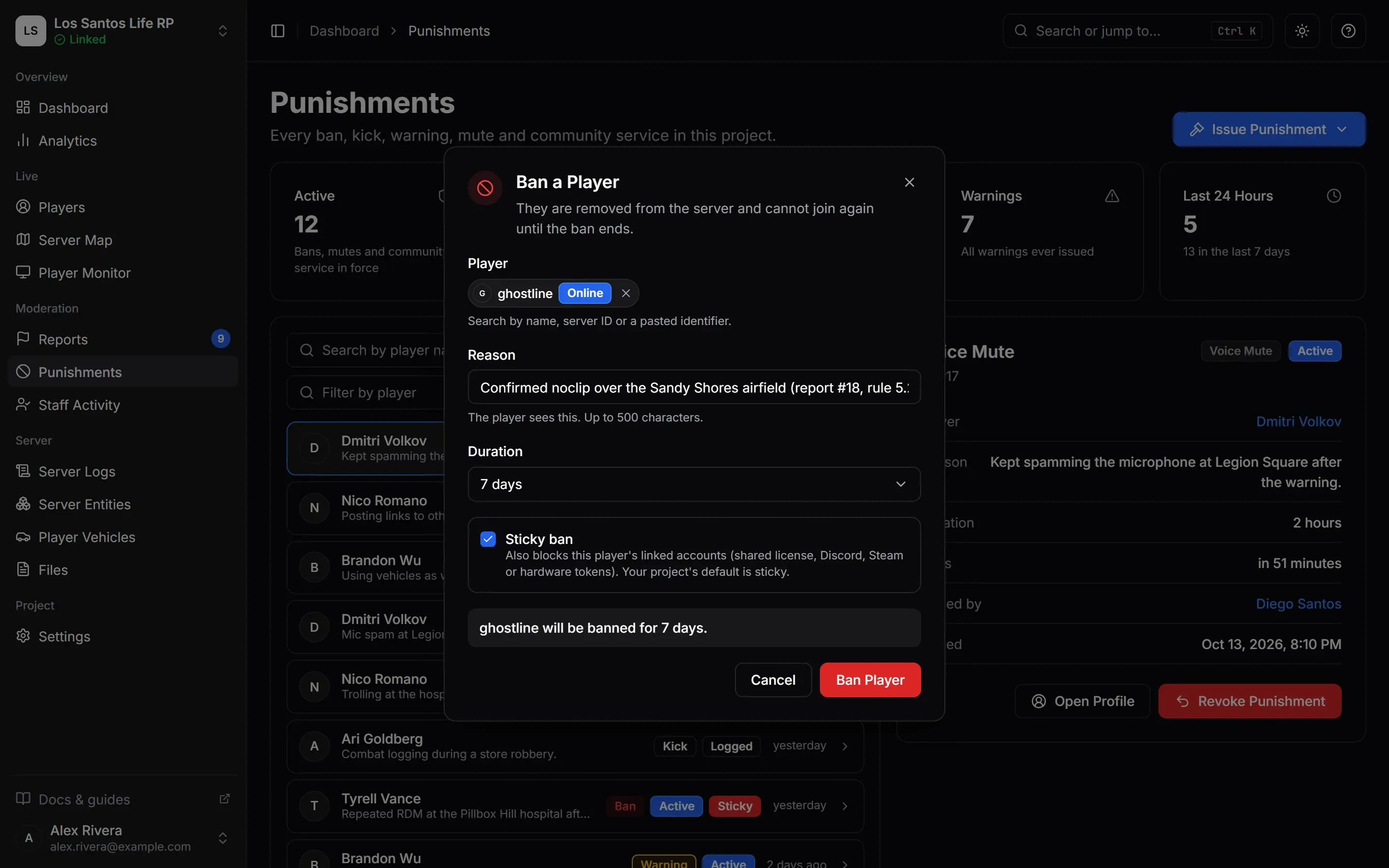 The Ban a Player dialog with a player picked, a reason typed, a duration of 7 days and Sticky ban ticked.