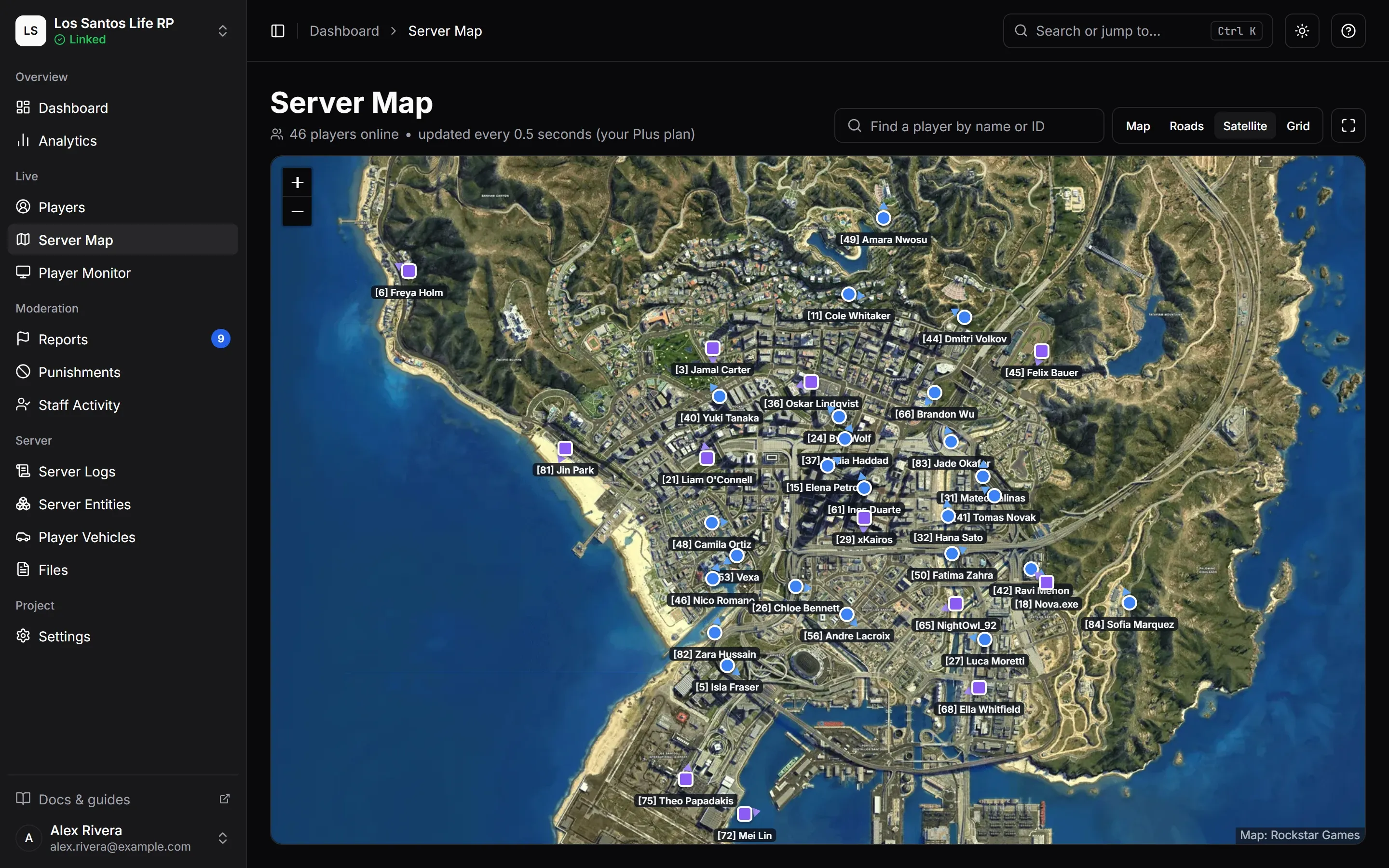 The Server Map: online players placed on the GTA map as they move.