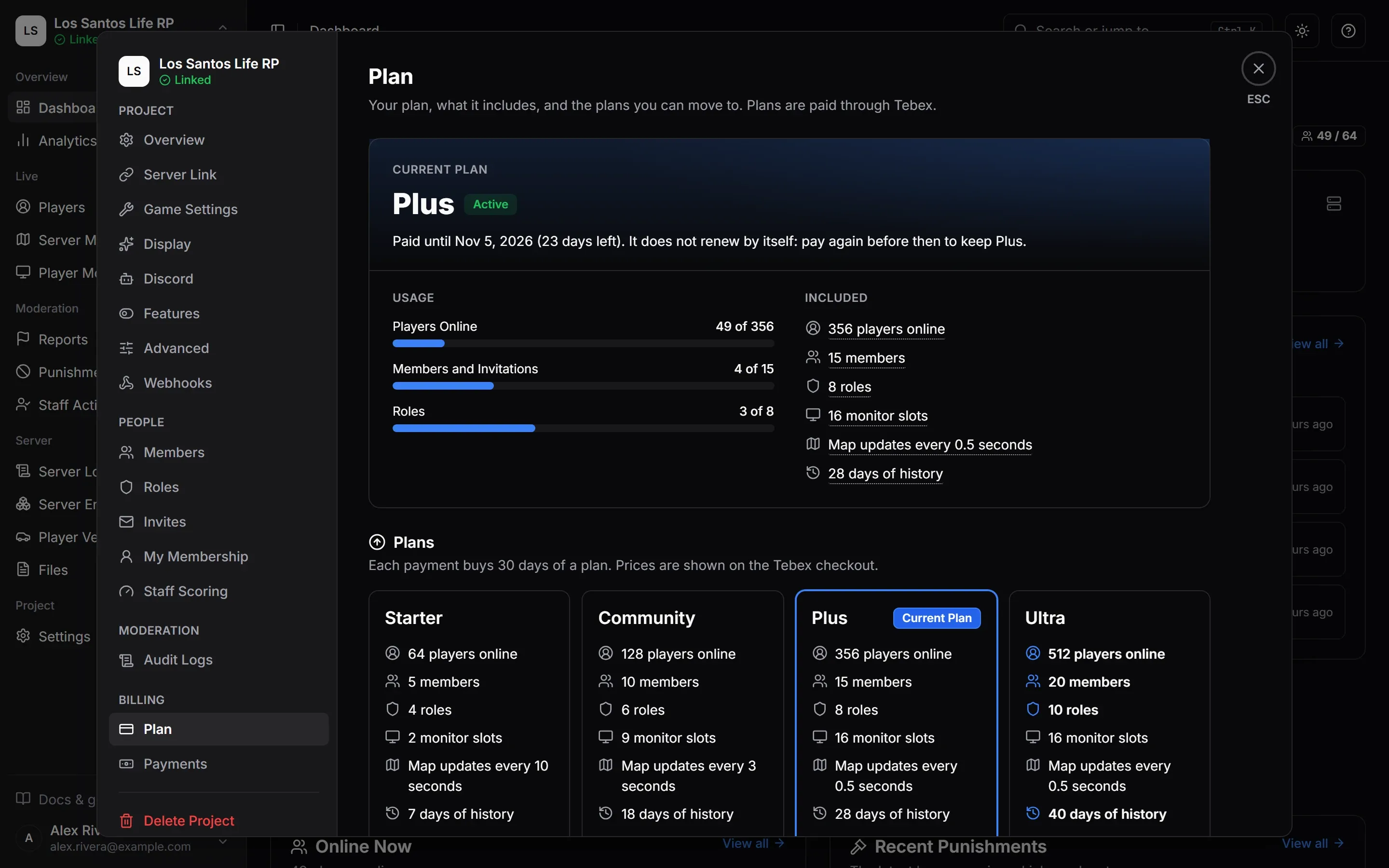 Settings > Plan: the current plan, its usage meters, what it includes, and the plans you can move to.