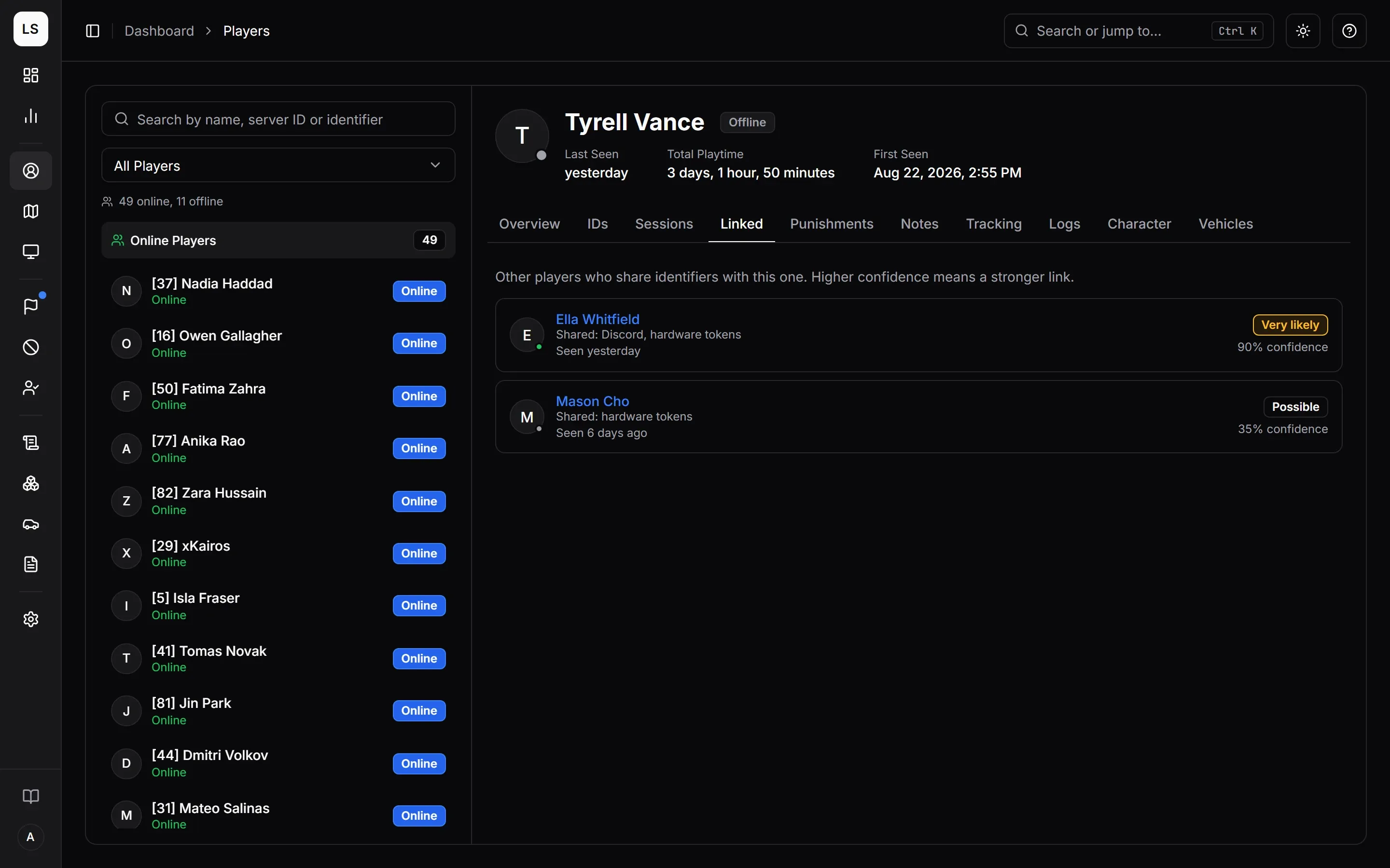 A player’s Linked tab listing two other accounts with what they share and how confident the link is.