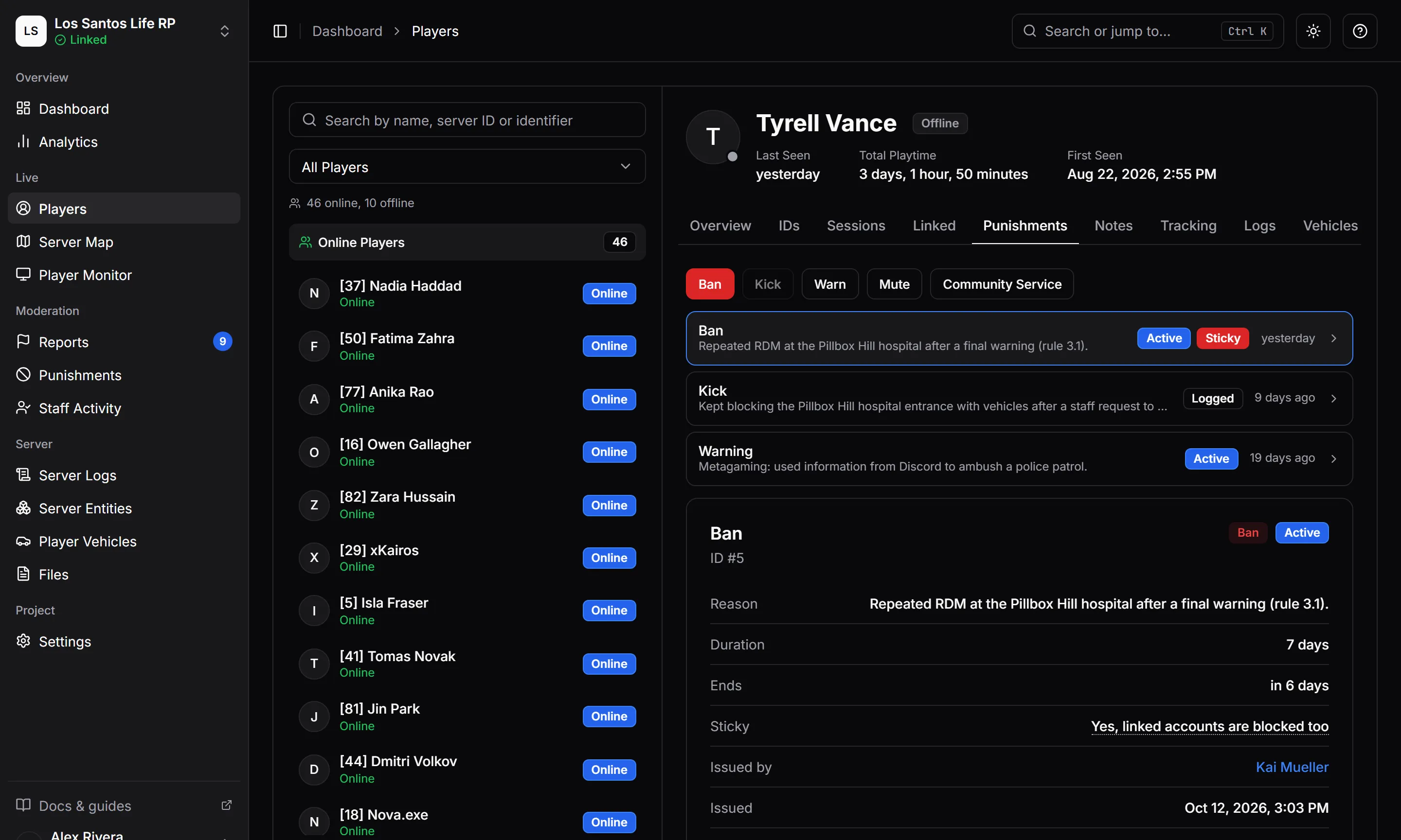 A player profile open on its Punishments tab, listing the bans, kicks and warnings the player has received.