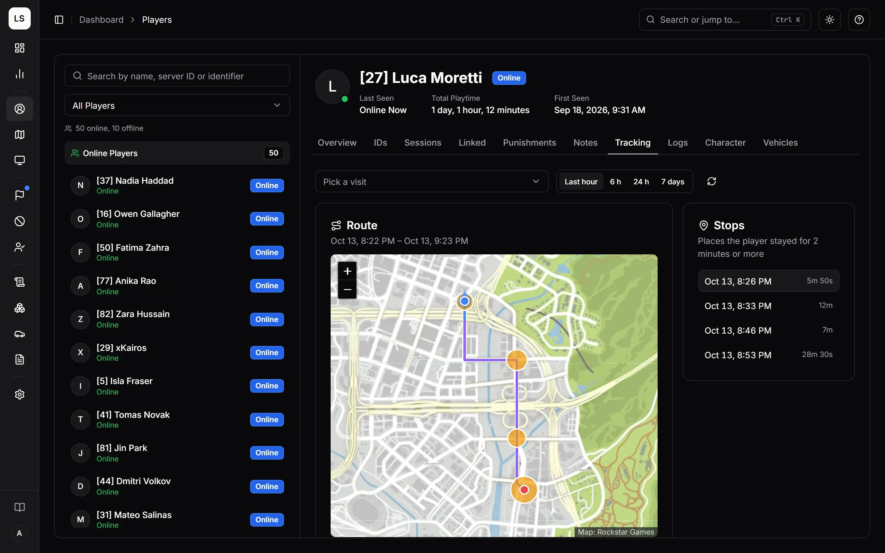 A player’s Tracking tab: the route on the map for the last hour, with the stops listed beside it.