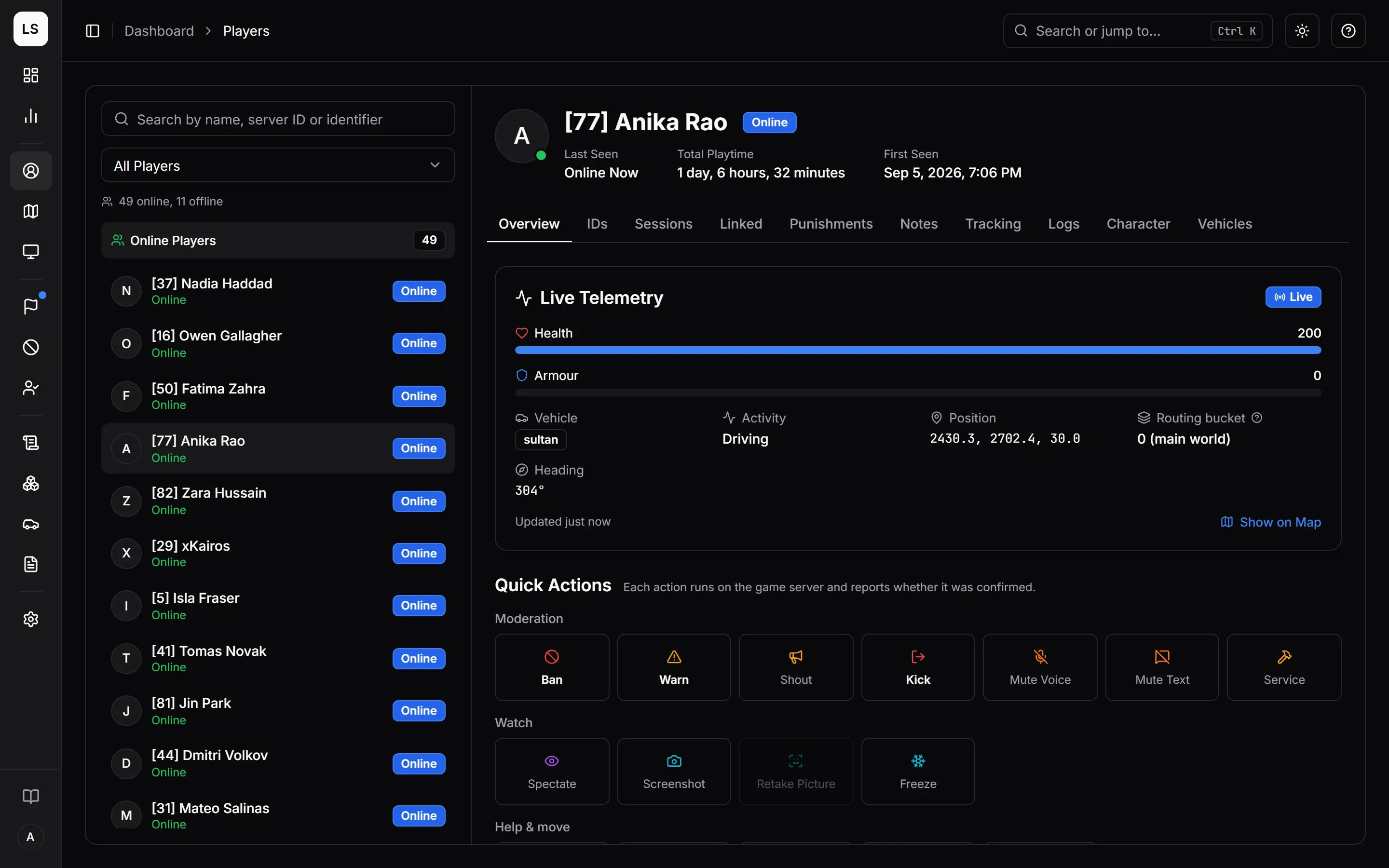 The Players page: the list of online players on the left and a player’s profile on its Overview tab.