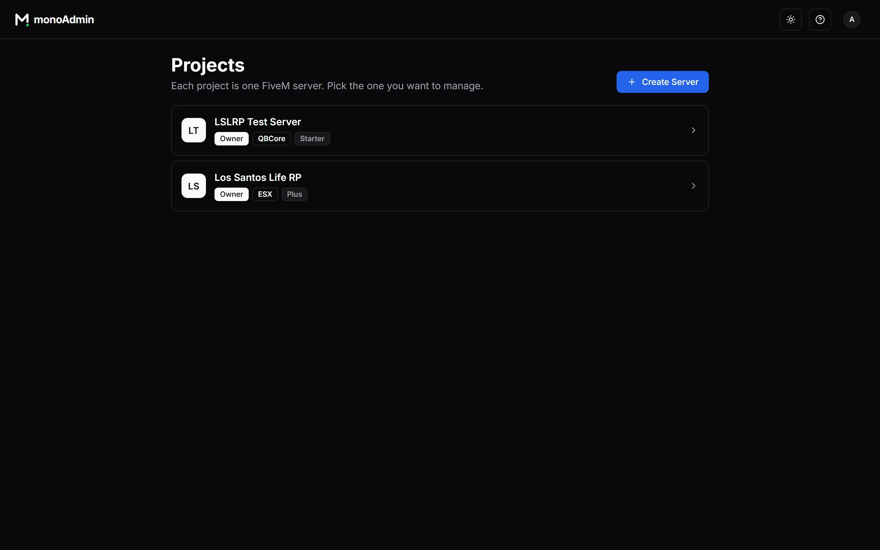 The Projects page listing two servers, each with its framework and plan, and the Create Server button.