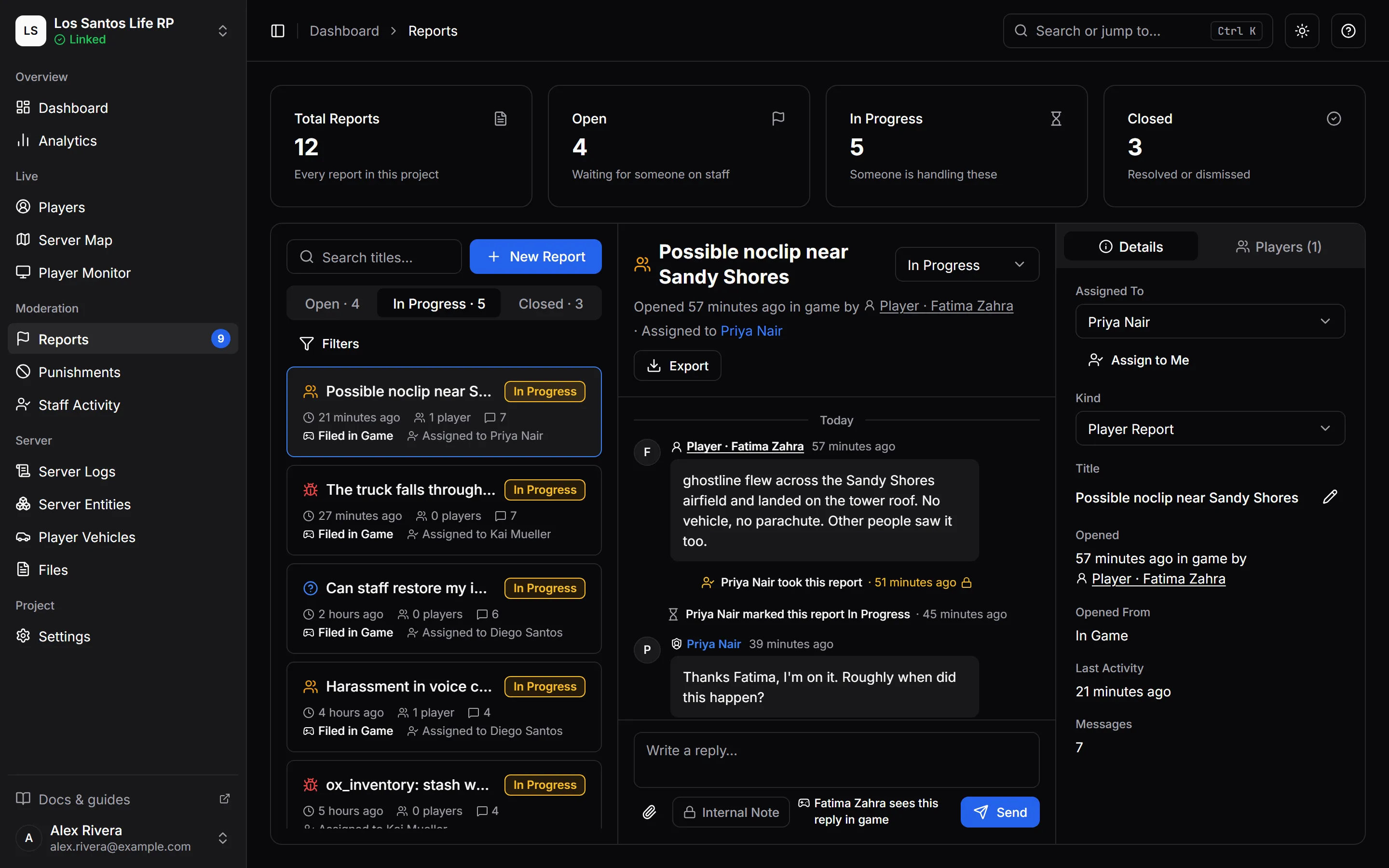 The Reports page: a list of player reports, the conversation on one of them and its details.