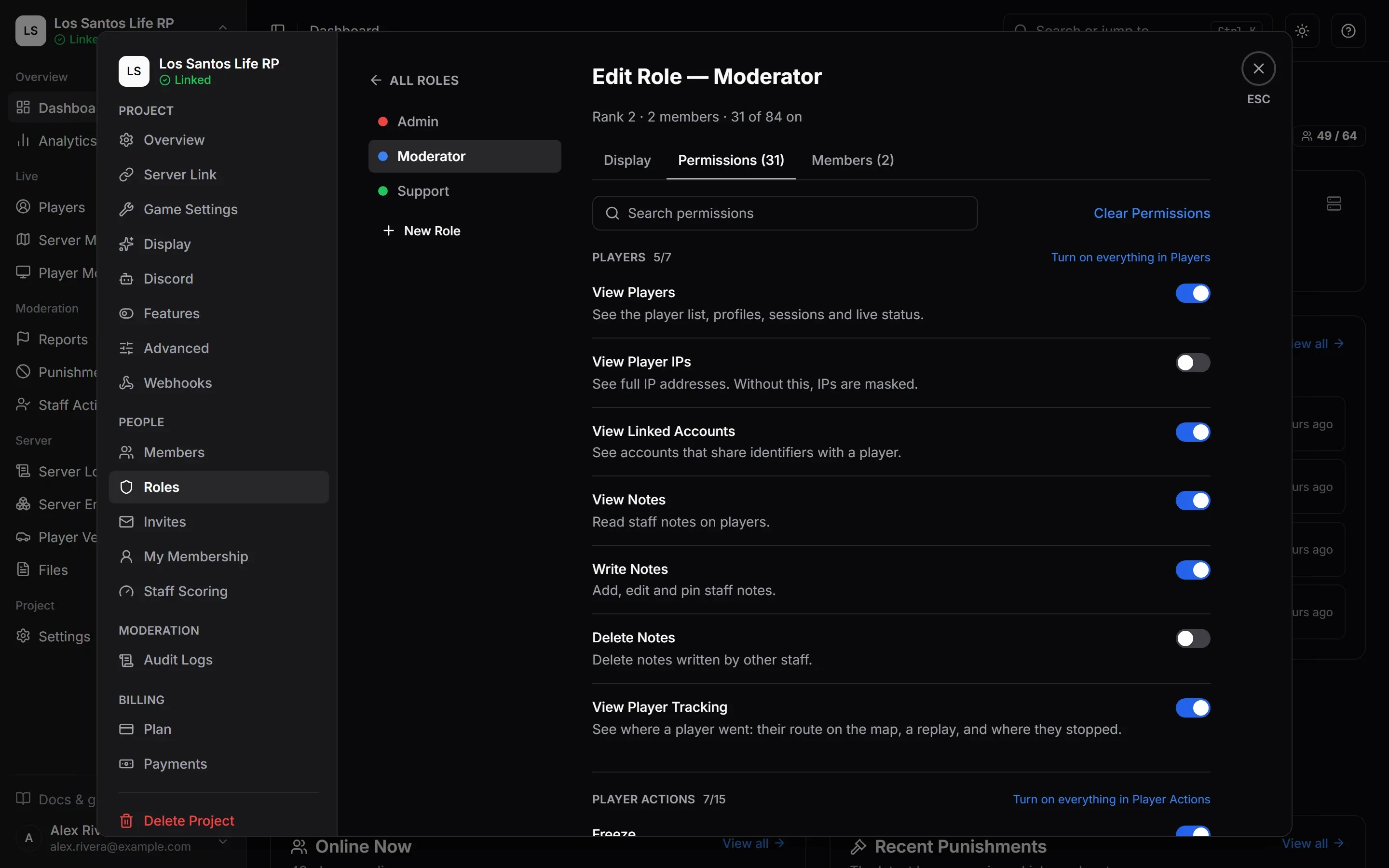 Settings > Roles with the Moderator role open on its Permissions tab, each permission with its switch.
