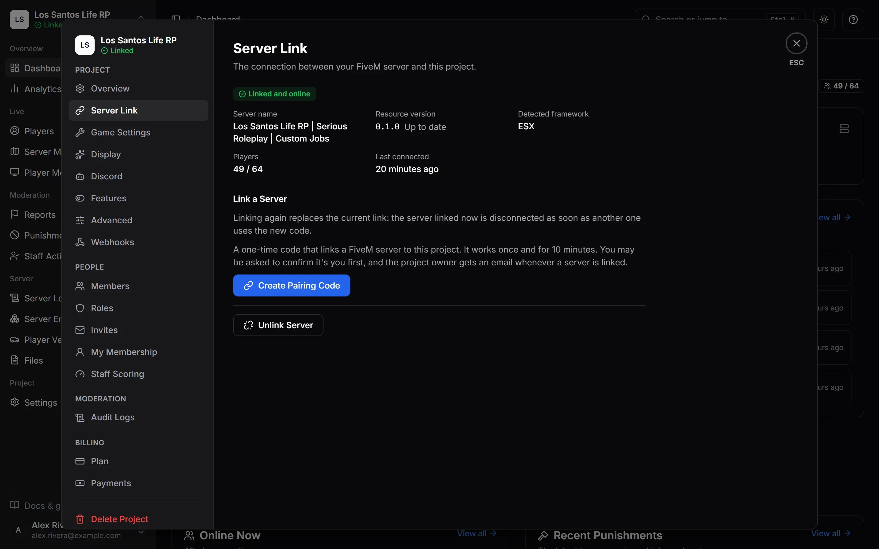 Settings > Server Link for a linked, online server: its name, resource version, detected framework, players, and the Create Pairing Code button.