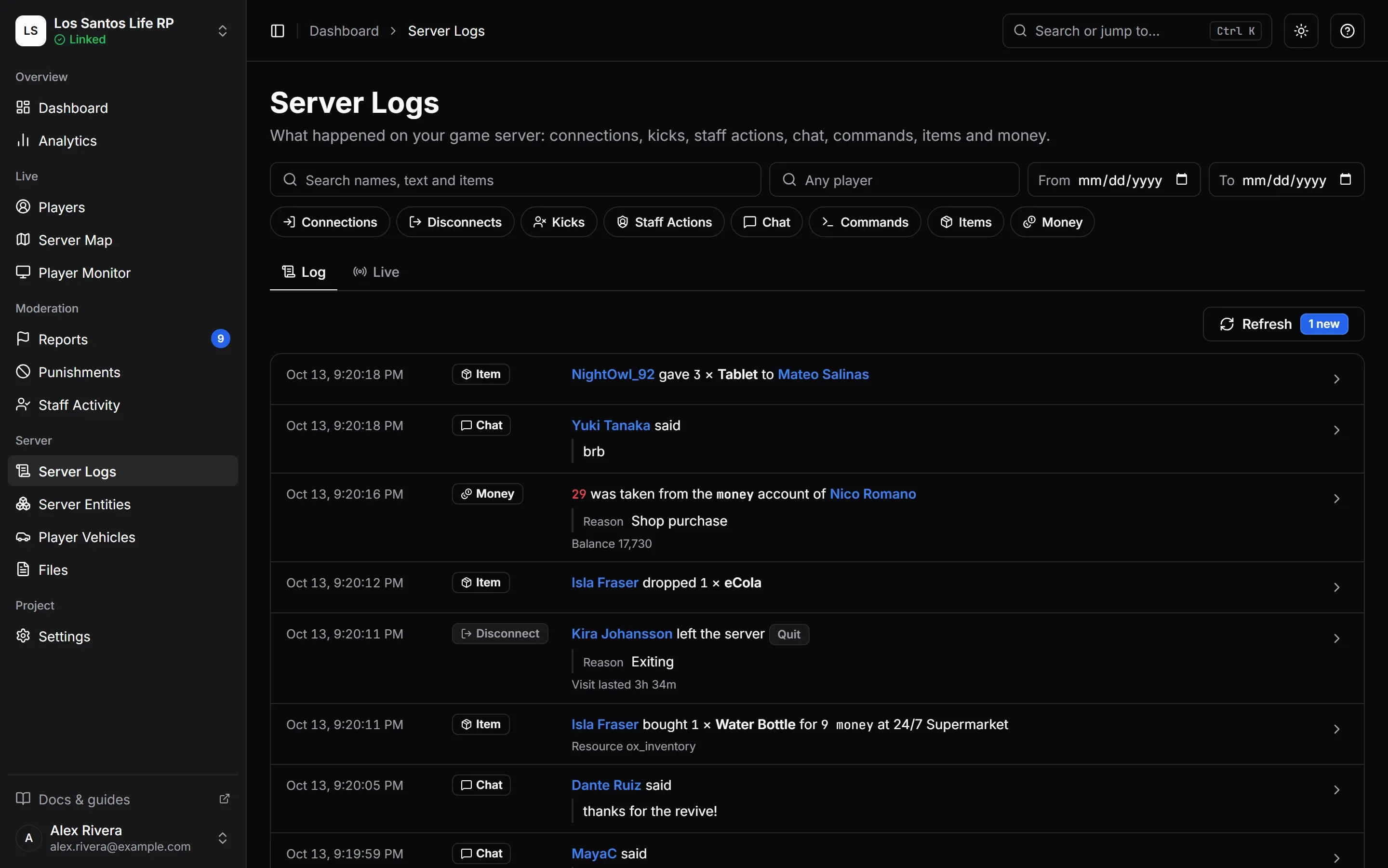 The Server Logs page with its type filters and lines for items, chat, money and a disconnect.