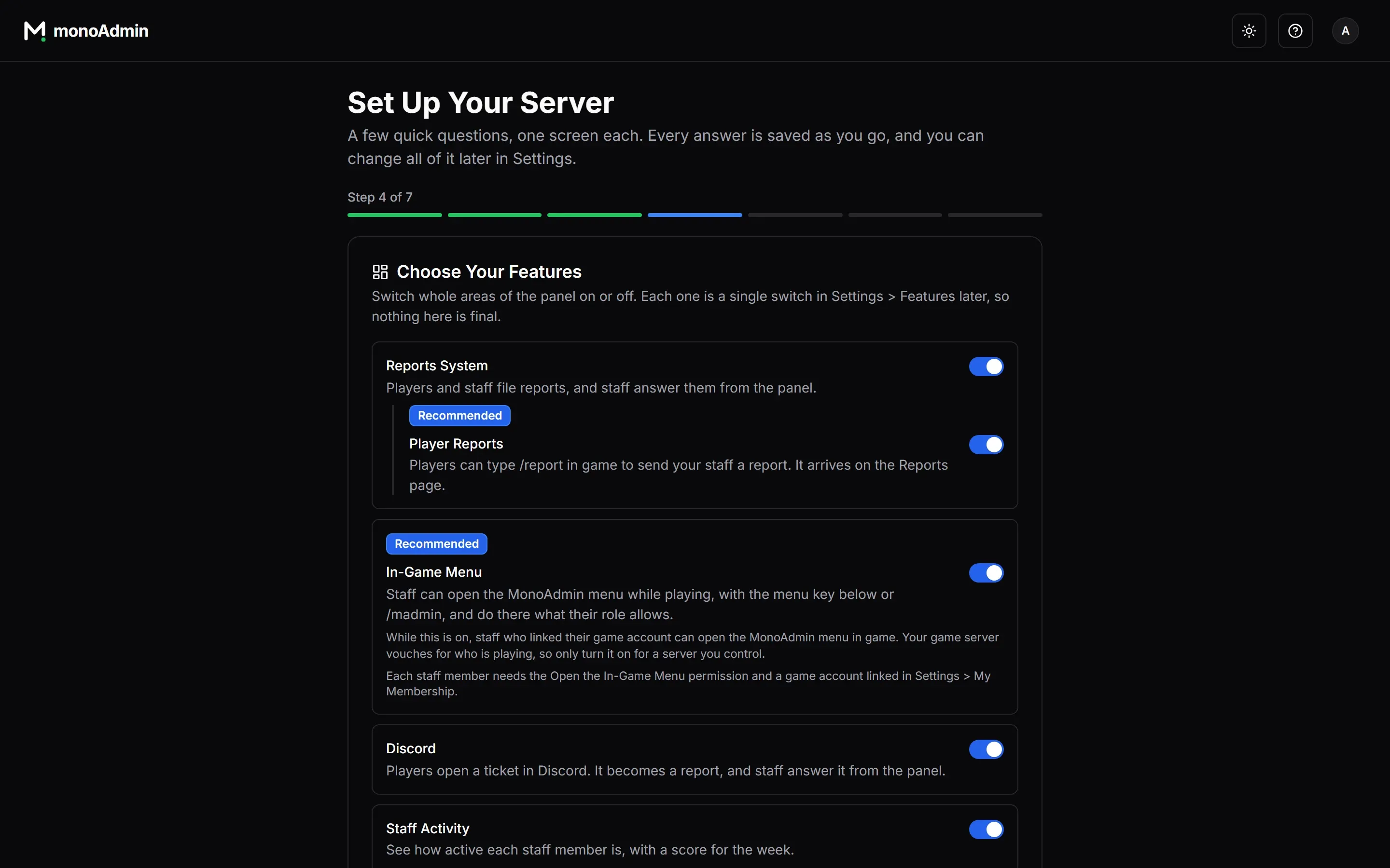 The guided setup on its Choose Your Features step, with switches for Reports, Player Reports, the In-Game Menu, Discord and Staff Activity.