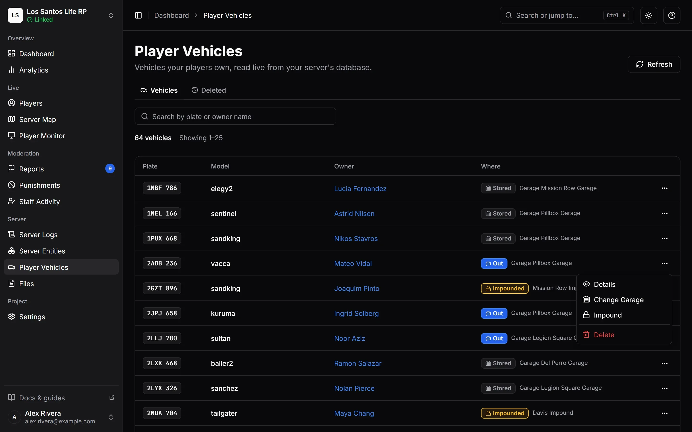 The Player Vehicles page listing owned vehicles with their plate, model, owner and garage, with a row menu open.