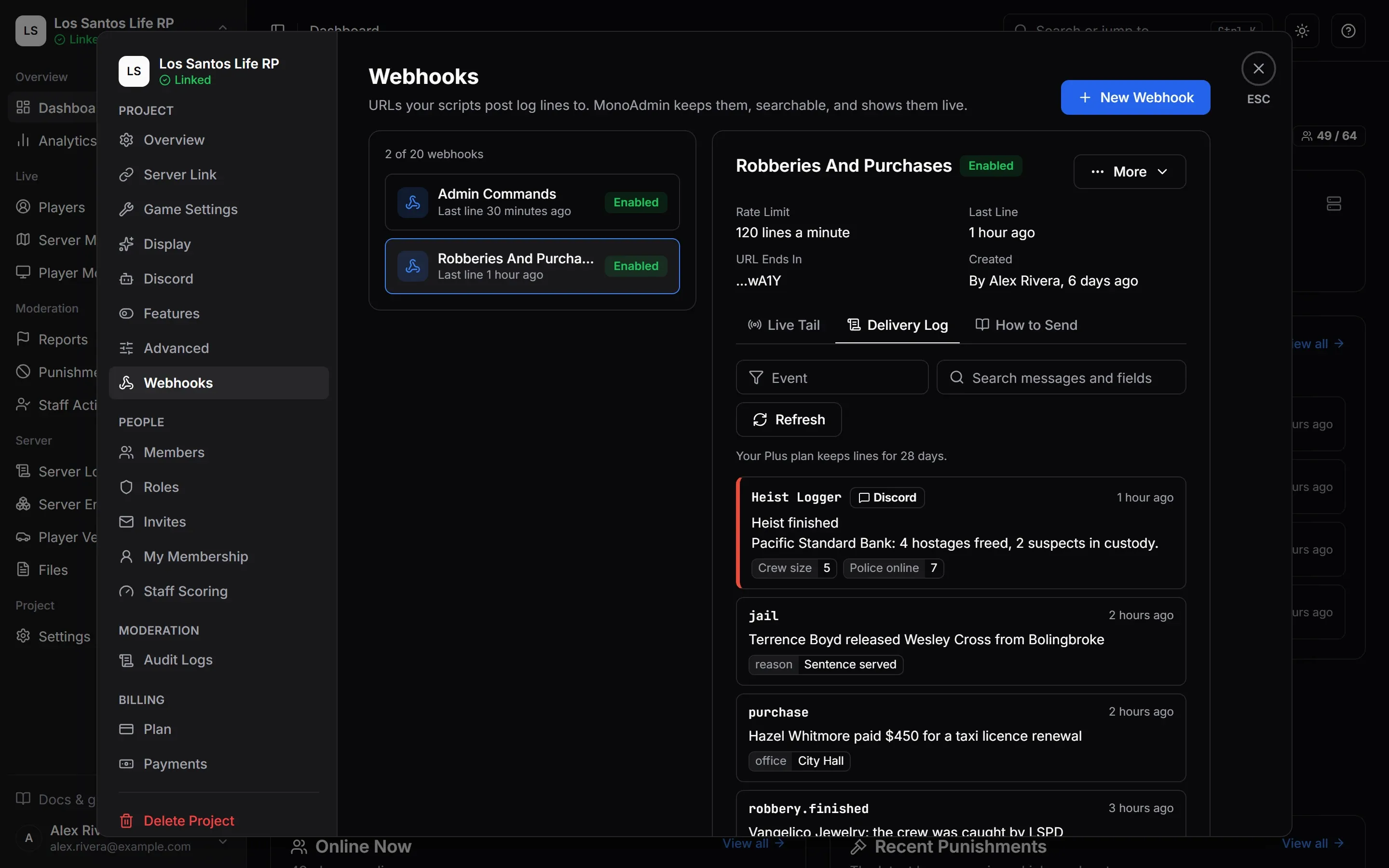 Settings > Webhooks with a webhook open on its Delivery Log tab, listing lines received from a script.