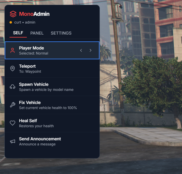 MonoAdmin Dashboard - In Game Panel